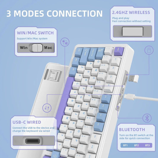 ATTACK SHARK X85 75% Wireless Mechanical Gaming Keyboard with Knob Hot Swappable,PBT Keycaps Gasket RGB Linear White Jade Switch