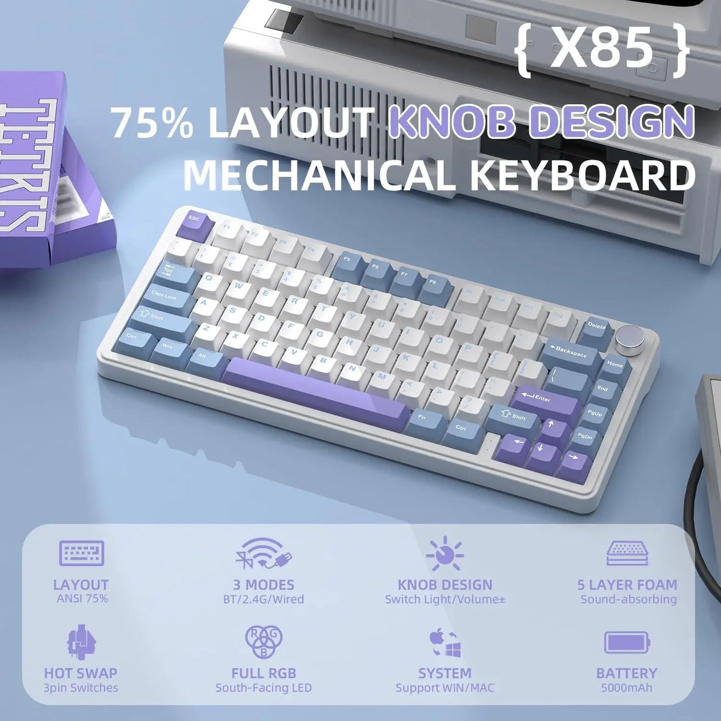 ATTACK SHARK X85 75% Wireless Mechanical Gaming Keyboard with Knob Hot Swappable,PBT Keycaps Gasket RGB Linear White Jade Switch
