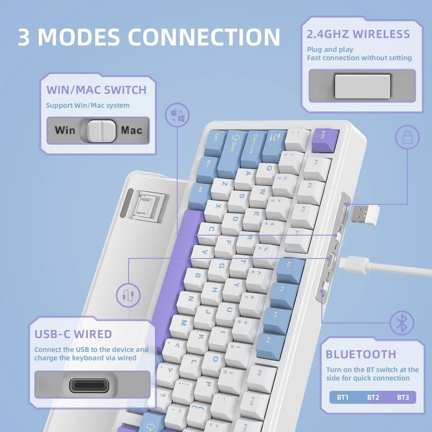 ATTACK SHARK X85 75% Wireless Mechanical Gaming Keyboard with Knob Hot Swappable,PBT Keycaps Gasket RGB Linear White Jade Switch