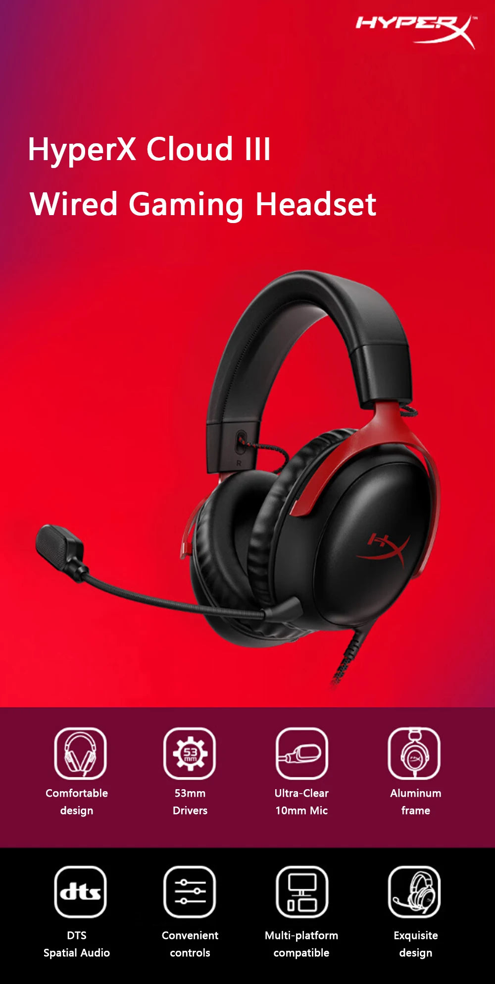 HyperX Cloud 3 III Wired Gaming Headset With DTS Sound Mic/Support HyperX Software USB Gaming Headphone For PC PS Xbox Switch