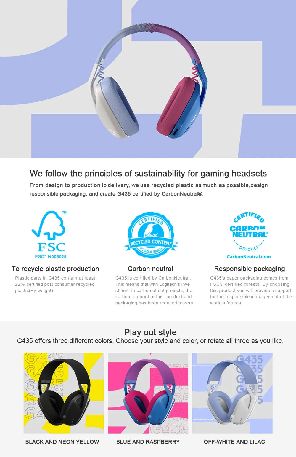 Logitech G435 Bluetooth Wireless Gaming Headset 7.1 Surround Sound Compatible Gaming and Music Built-in Microphone Headphones