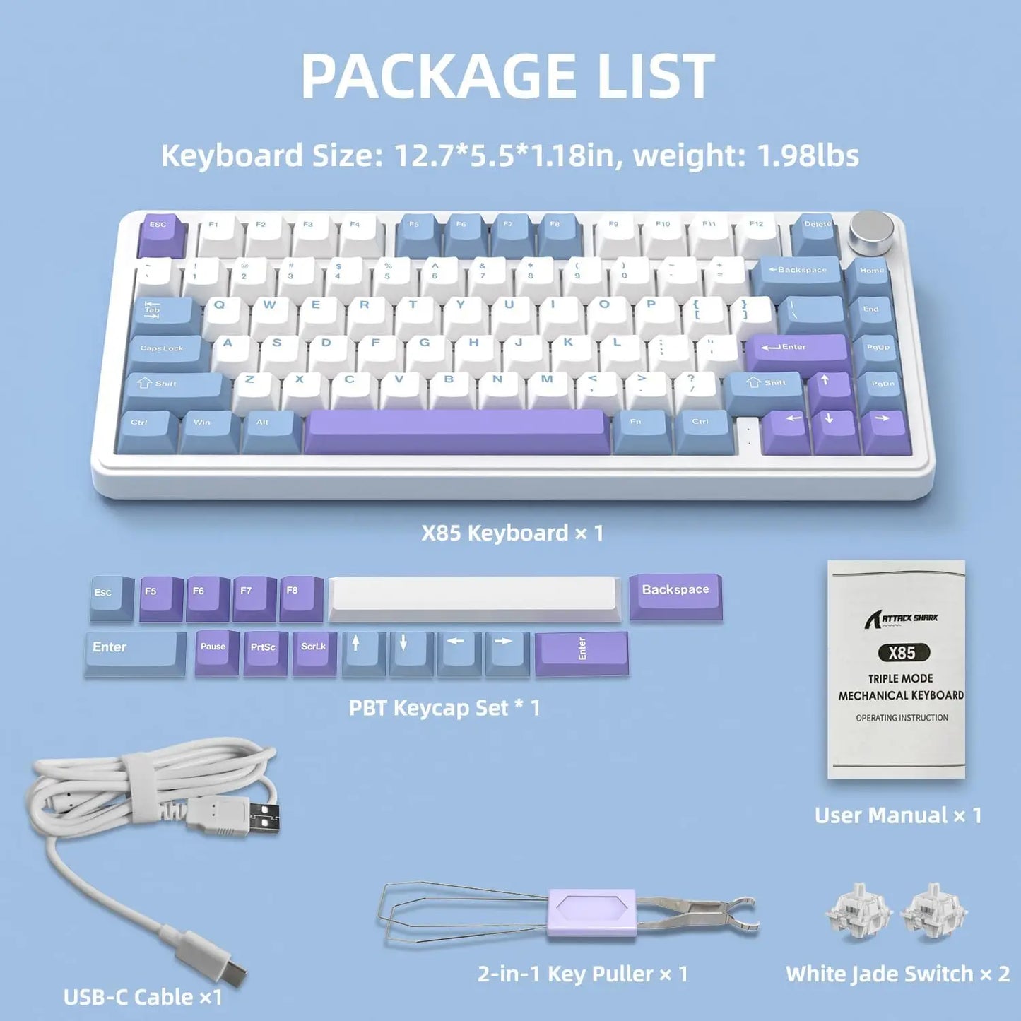ATTACK SHARK X85 75% Wireless Mechanical Gaming Keyboard with Knob Hot Swappable,PBT Keycaps Gasket RGB Linear White Jade Switch