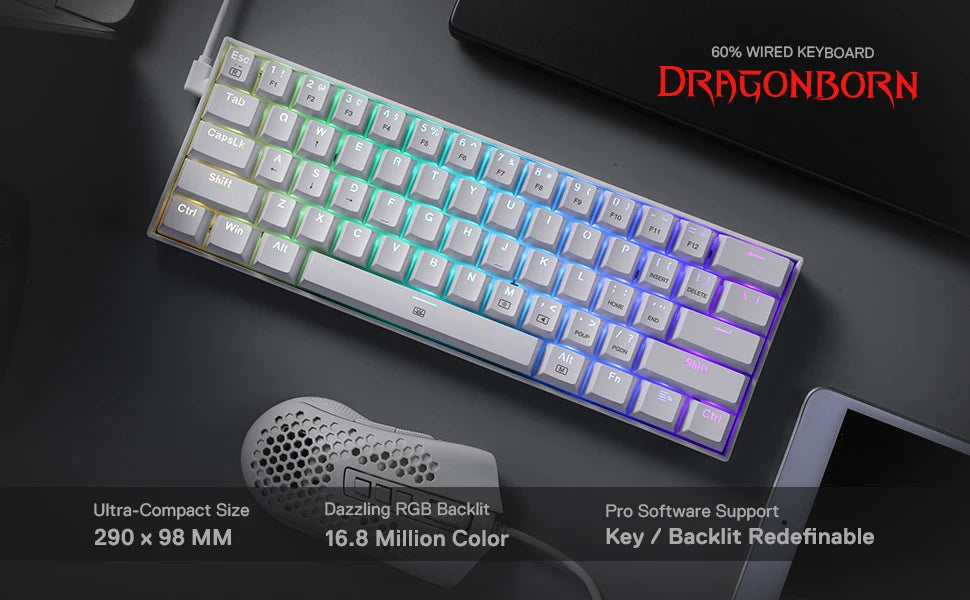 Redragon K630 Dragonborn Hot Swappable 60% Wired Vibrant RGB LED USB Gaming 61 Keys Compact Mechanical Keyboard Pro Software Cus