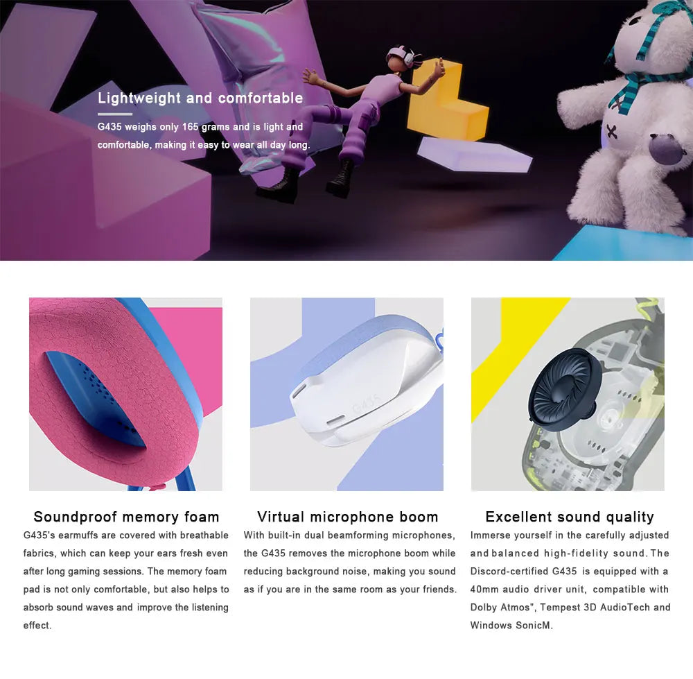 Logitech G435 Bluetooth Wireless Gaming Headset 7.1 Surround Sound Compatible Gaming and Music Built-in Microphone Headphones